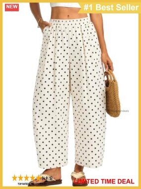 Linen Wide Leg Ankle Pants Smocked Elastic Waist Pockets